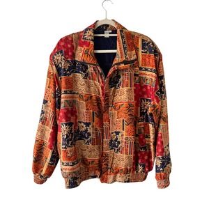 Vintage COACO 100%‎ Silk Patchwork Bomber Jacket XL Multicolored Floral Zip Up